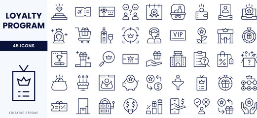 A collection of minimalist line icons representing a loyalty program, featuring rewards, shopping, and membership themes.