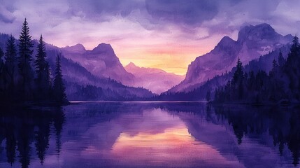 Serene Sunset Over Mountain Lake and Forest