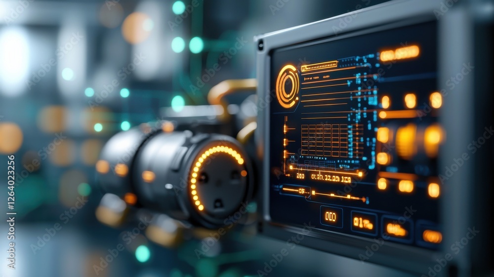 Poster detailed close up view of a high performance solar inverter control panel featuring a futuristic dig