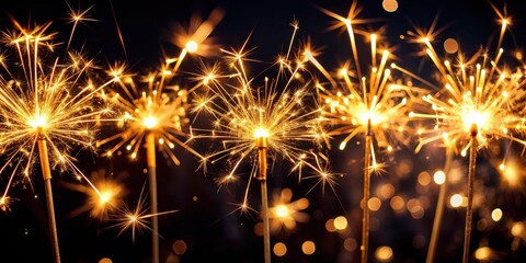 Obraz premium Glittering sparklers on black backdrop at outdoor celebration, evening glow