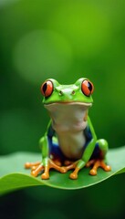 Naklejka premium Green frog sitting on a single leaf with a big smile, calm, leaf, playful