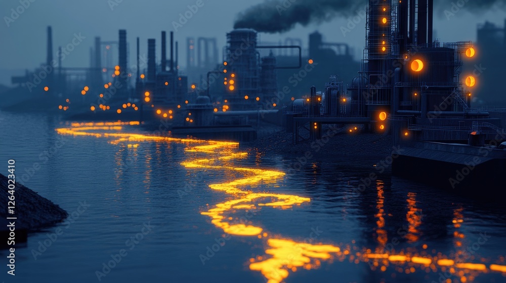 Poster a detailed 3d rendering of industrial machinery discharging waste into rivers, creating glowing toxi