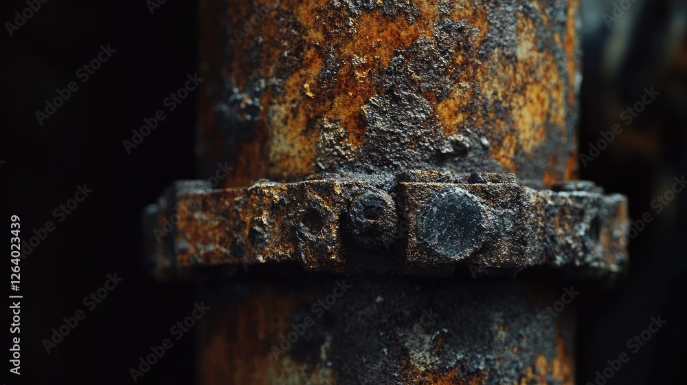 Poster a detailed close-up of a corroded metal pipe fitting, highlighting the textures of rust and decay, s