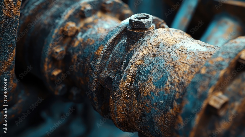 Poster a detailed close-up of a corroded metal pipe fitting, highlighting the textures of rust and decay, s