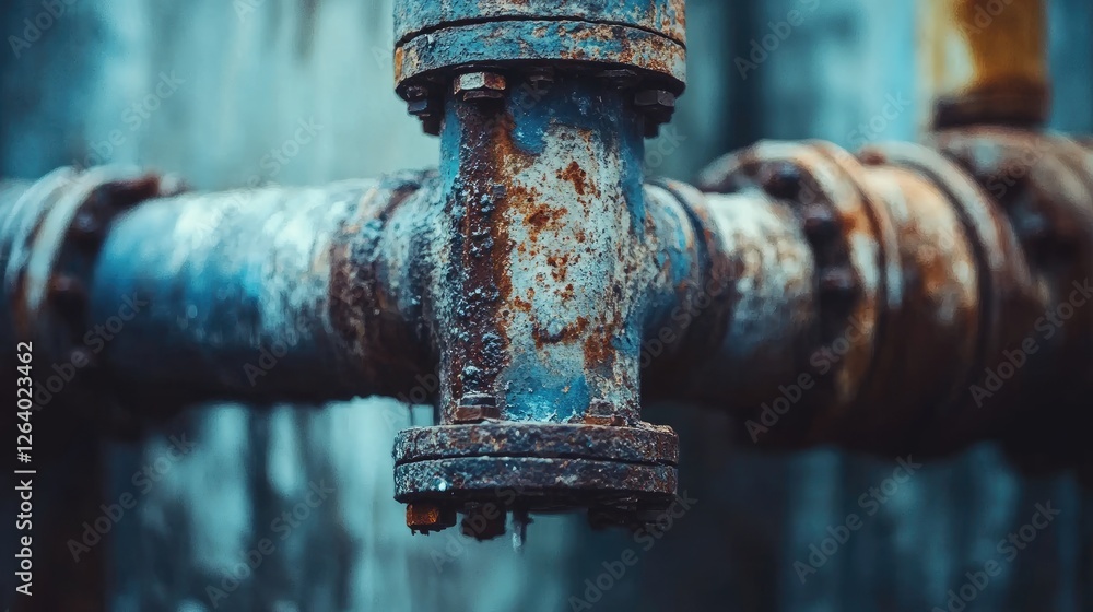 Poster a detailed close-up of a corroded metal pipe fitting, highlighting the textures of rust and decay, s