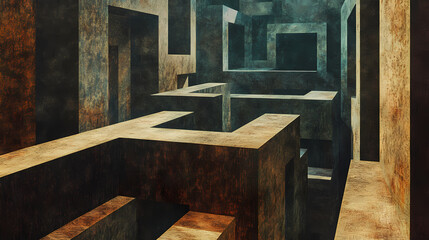 Enthralling labyrinth, fictional architectural maze in dystopian underground world, full of mystery & fascinating details. Architectural Paradoxes. Illustration
