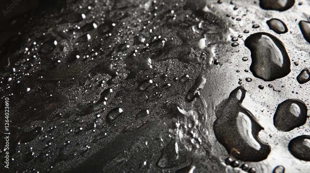 Poster a detailed close-up of a wet sink drain with water droplets, emphasizing the fine textures of stainl