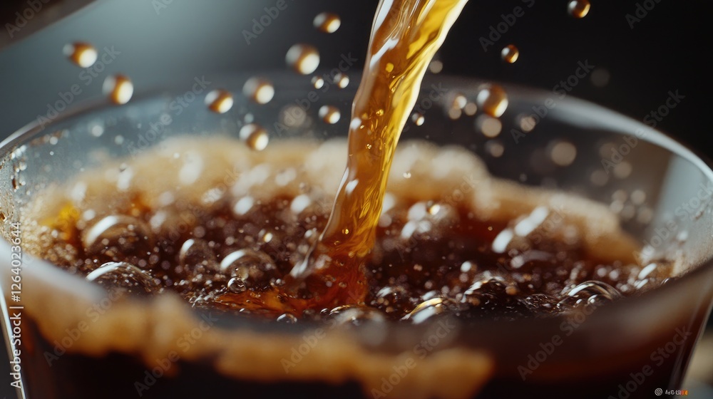 Poster A detailed close-up shot of coffee being poured into a cup, emphasizing the texture and movement of the liquid, with splashes creating visual interest.