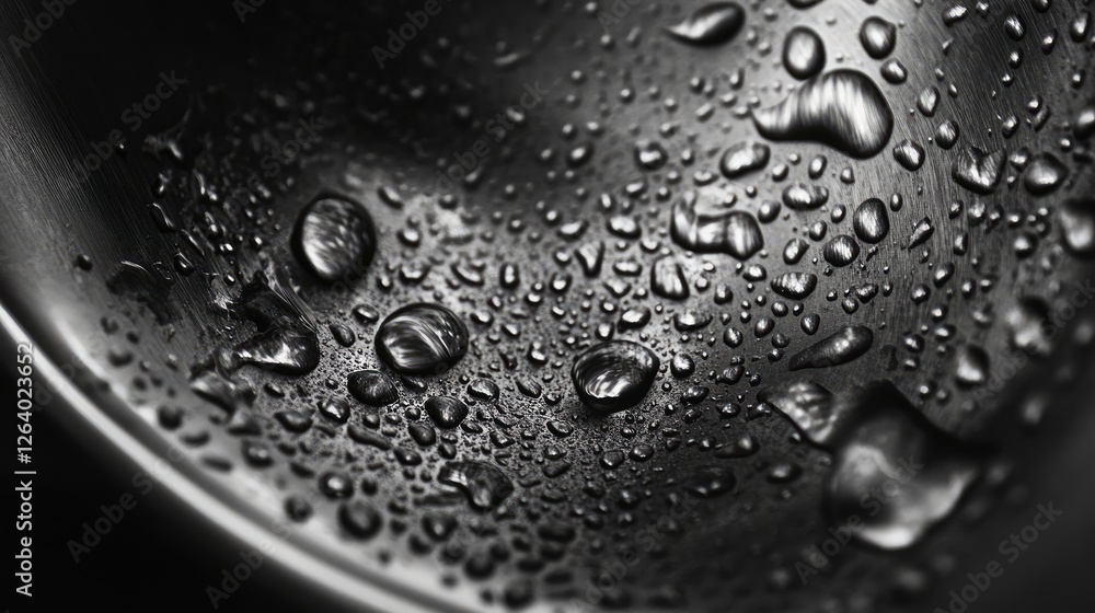 Poster a detailed close-up of a wet sink drain with water droplets, emphasizing the fine textures of stainl