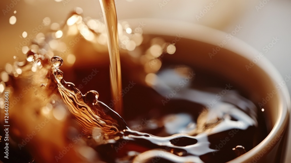 Poster A detailed close-up shot of coffee being poured into a cup, emphasizing the texture and movement of the liquid, with splashes creating visual interest.