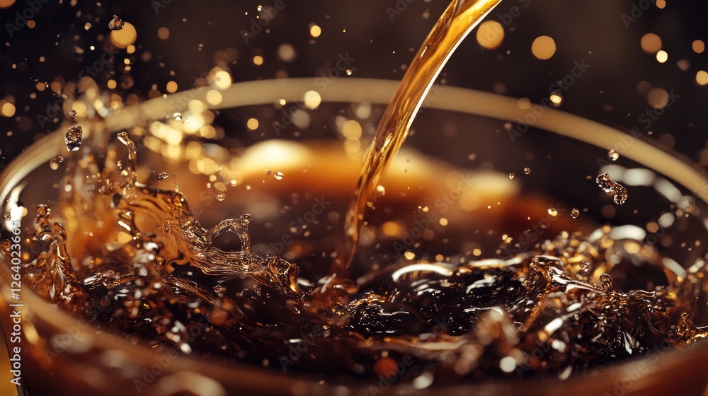 Aufkleber A detailed close-up shot of coffee being poured into a cup, emphasizing the texture and movement of the liquid, with splashes creating visual interest.