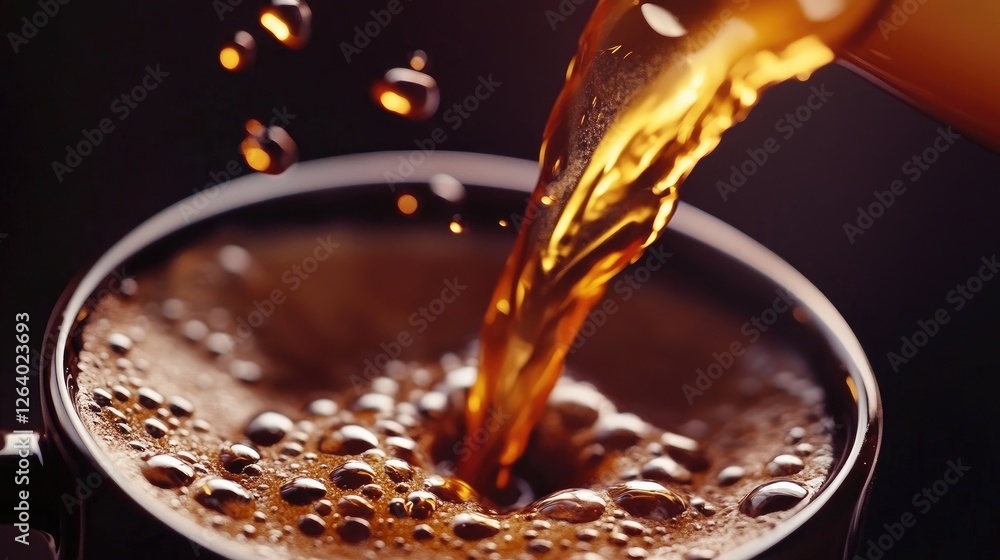 Poster A detailed close-up shot of coffee being poured into a cup, emphasizing the texture and movement of the liquid, with splashes creating visual interest.