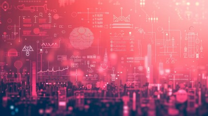 Fototapeta premium A cyberpunk-inspired digital cityscape with glowing red data visualizations and futuristic technology. Abstract interface elements and analytics overlay the urban scene. AI generated.