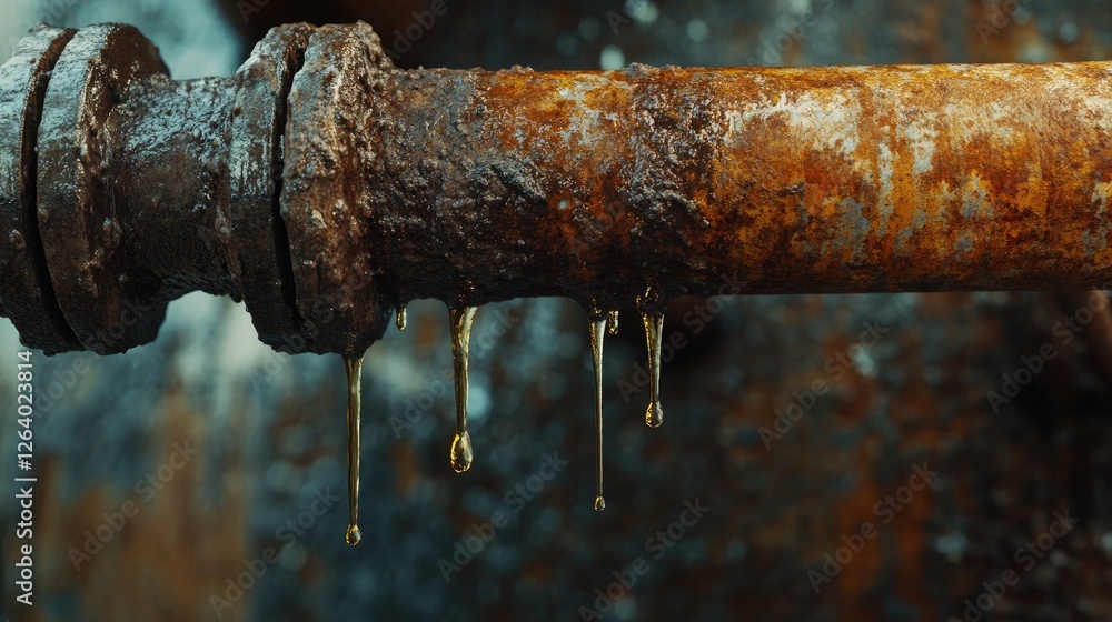 Poster a detailed shot of a rusted pipe dripping oil, emphasizing the industrial decay and environmental is