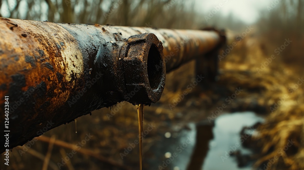Poster a detailed shot of a rusted pipe dripping oil, emphasizing the industrial decay and environmental is