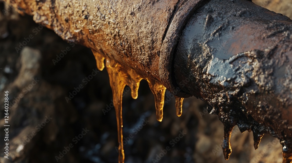 Poster a detailed shot of a rusted pipe dripping oil, emphasizing the industrial decay and environmental is