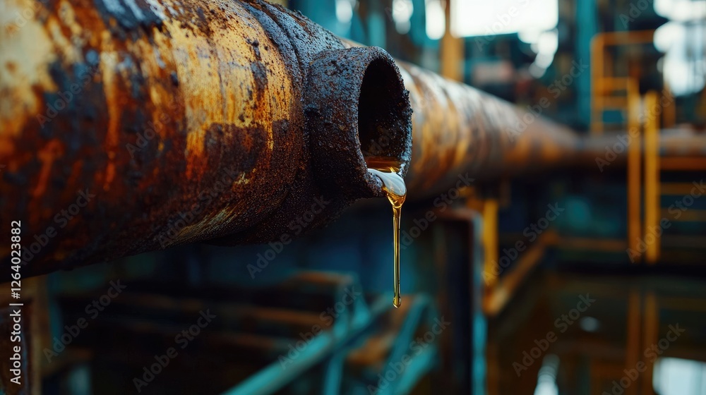 Poster a detailed shot of a rusted pipe dripping oil, emphasizing the industrial decay and environmental is