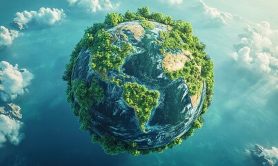 Fototapeta premium Lush green Earth, floating above clouds, environmental conservation concept, for eco-friendly campaigns