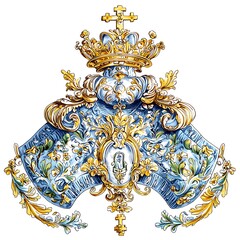 Fototapeta premium Baroque Crown and Fleur-de-lis Design Blue and Gold Watercolor Illustration.
