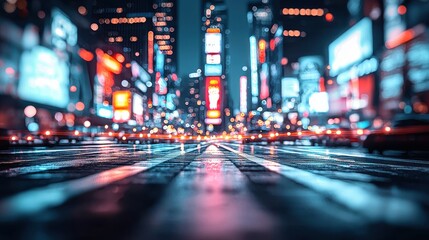 Futuristic cityscape at night with glowing holograms illuminated skyscrapers and vibrant neon lights reflecting on the wet asphalt street  Blurred motion and abstract