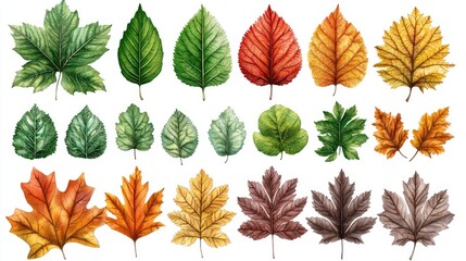 A vibrant collection of watercolor leaves in various colors showcasing seasonal changes