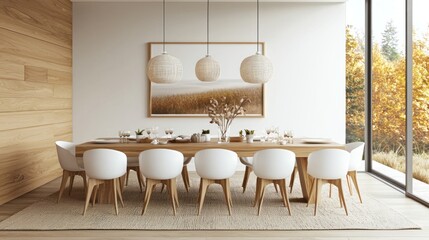 Modern Dining Room With Wooden Table And White Chairs