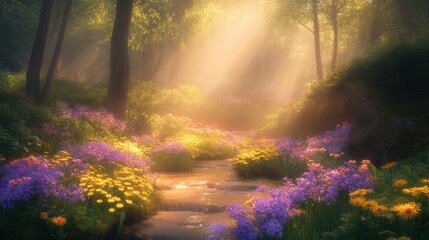 Obraz premium Beautiful colorful wild flowers in deep foggy forest with sun light in Spring.