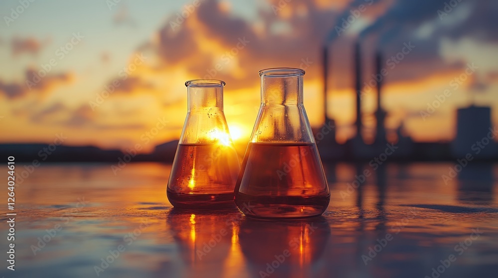 Poster two beakers filled with colorful liquid on a table in a laboratory setting