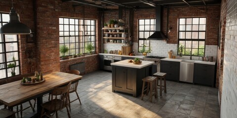 Industrial Style Kitchen with Brick Walls and Large Windows