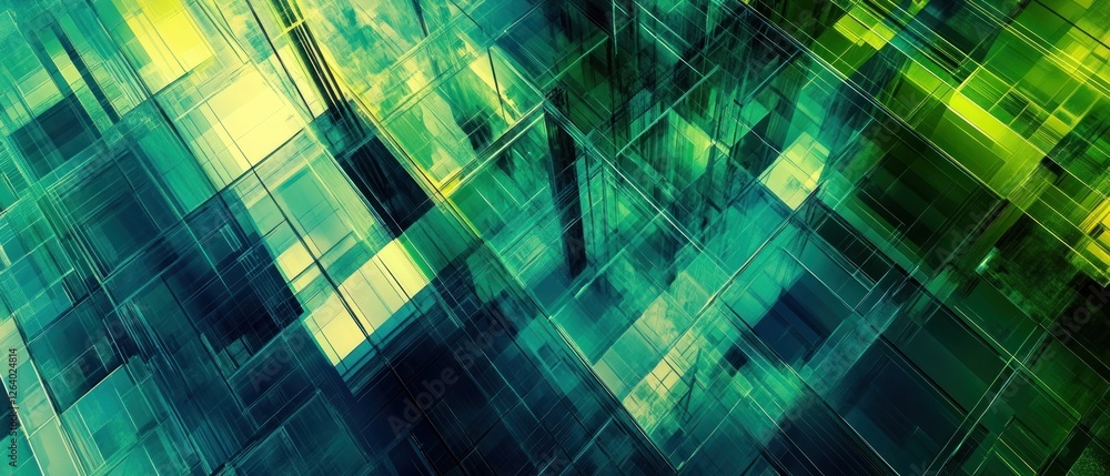 Poster abstract geometric pattern showcasing vibrant green and blue hues, creating a sense of depth and mov