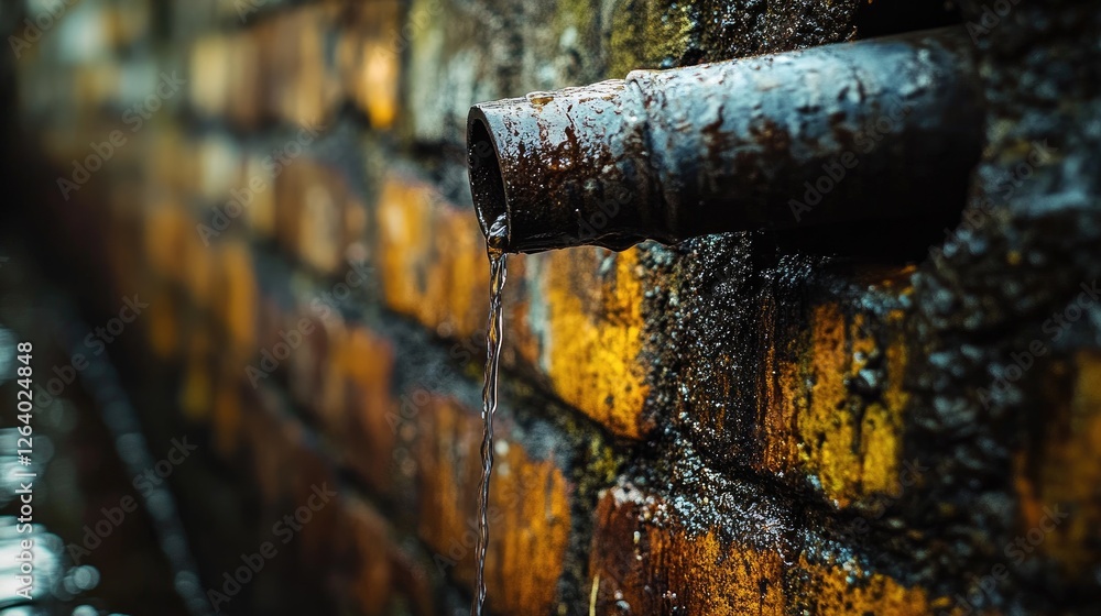 Poster a dramatic shot of a dripping underground pipe, emphasizing the contrast between the sleek metallic 