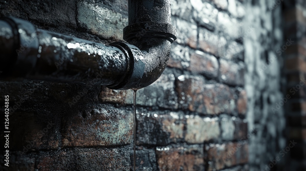Poster a dramatic shot of a dripping underground pipe, emphasizing the contrast between the sleek metallic 