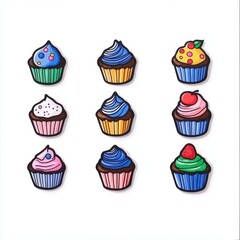 Colorful Cartoon Cupcakes Collection with Various Toppings and Icing Styles for Creative Designs