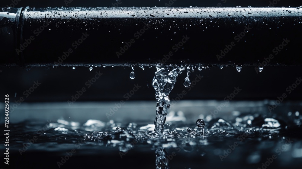 Poster a dramatic shot of water dripping from a black pipe, highlighting the functionality and importance o