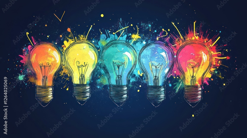 Poster colorful lightbulbs exploding with ideas; dark background; brainstorming concept