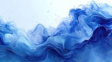 Fototapeta premium Abstract blue liquid swirls, gold glitter, white background, design element