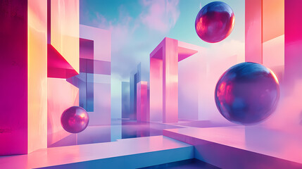 Surreal architectural dreamscape with abstract geometric forms and mystic floating spheres in vivid hues. Architectural Paradoxes. Illustration
