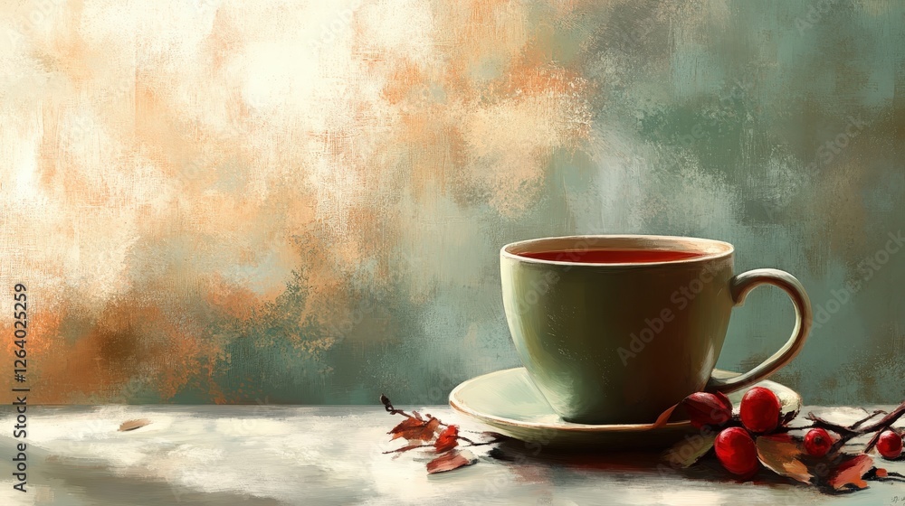 Aufkleber painting of a cup of tea with a rose on a table with copy space for text or design elements