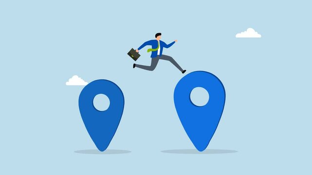 Business relocation, 4k animation of entrepreneur business owner leaping from one map marker to another as a metaphor for moving