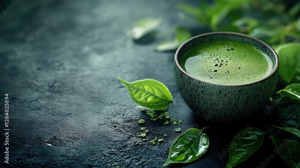 Poster cup of green tea with fresh tea leaf on the side and empty space for text or graphics