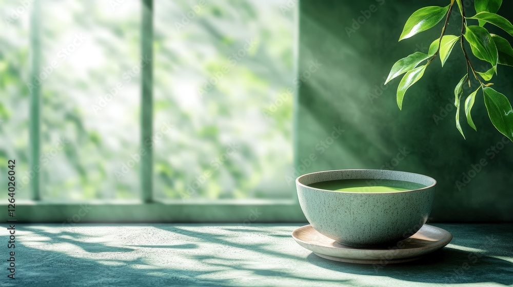Poster cup of green tea on a table with copy space for text and design elements