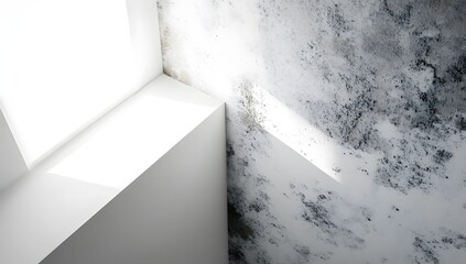 Moldy wall corner, light through window, interior damage