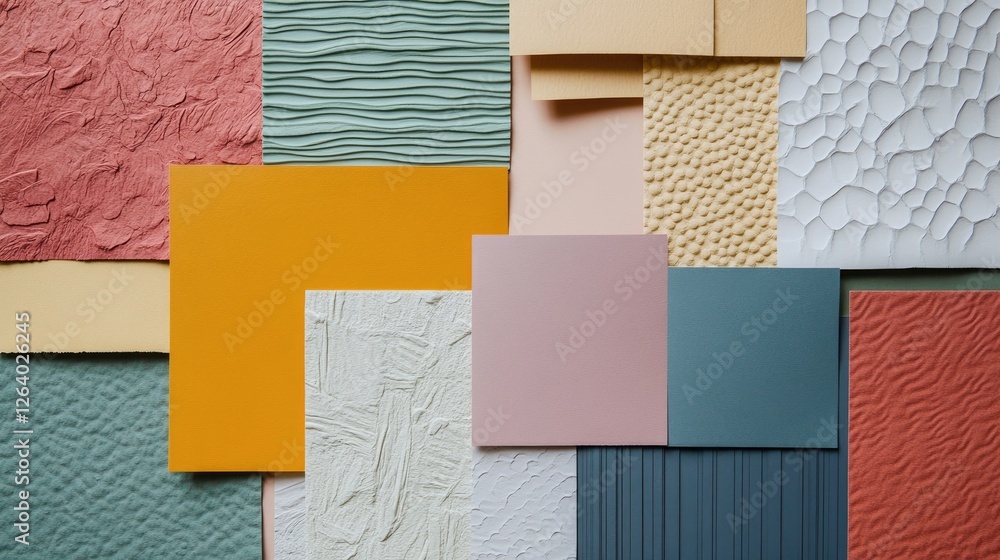 Poster A flat lay of different colored paper textures, each with unique patterns, perfect for creative projects or design inspiration.