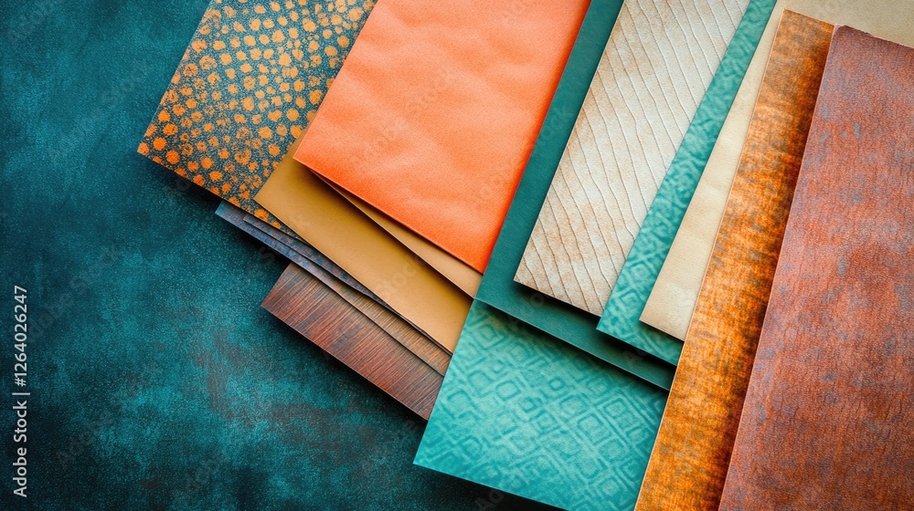 Aufkleber A flat lay of different colored paper textures, each with unique patterns, perfect for creative projects or design inspiration.
