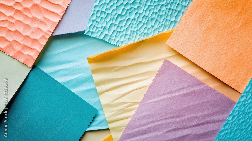 Poster a flat lay of different colored paper textures, each with unique patterns, perfect for creative proj