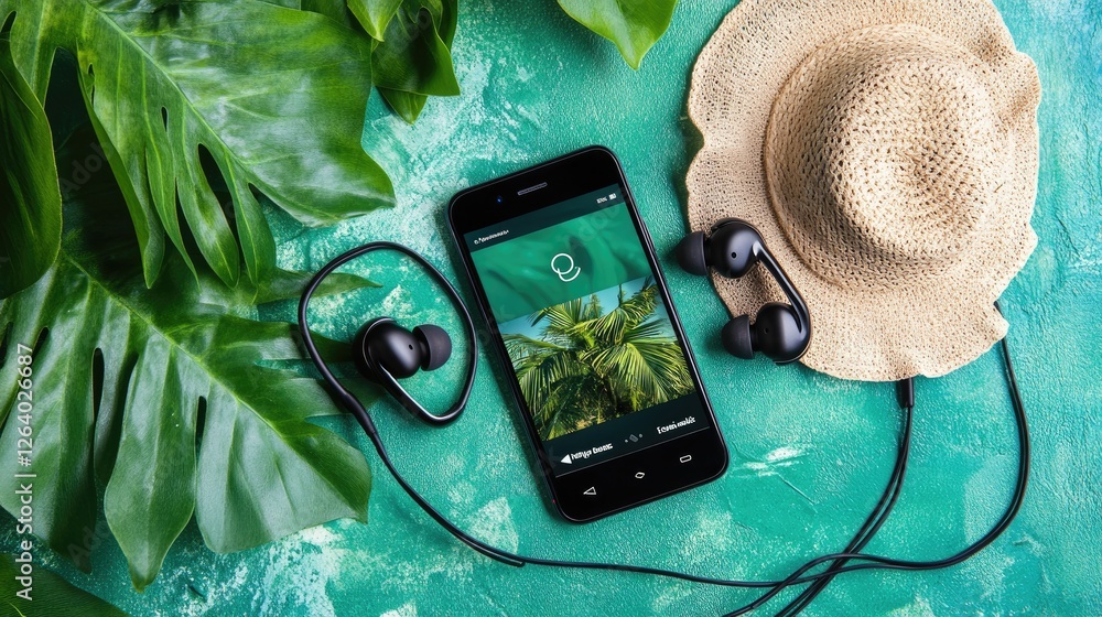 Poster a flat lay of earphones connected to a phone with a podcast app, showing a vibrant interface on the 