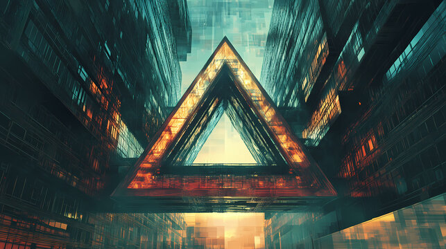 Surreal architectural paradox hallucinatory rendering of the iconic penrose triangle brought to life in a glitched matrix like realm. Architectural Paradoxes. Illustration