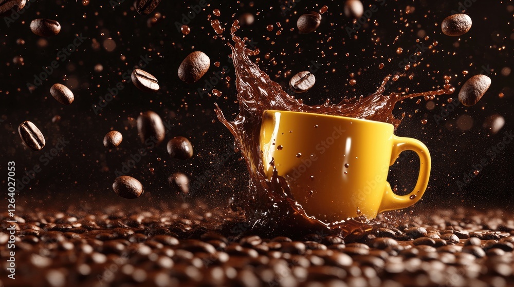 Poster a fun and lively shot of coffee beans floating, splashing dark coffee from a yellow mug, with a rich
