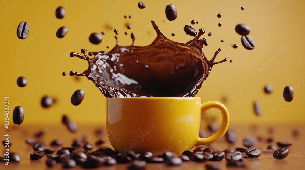 Poster a fun and lively shot of coffee beans floating, splashing dark coffee from a yellow mug, with a rich