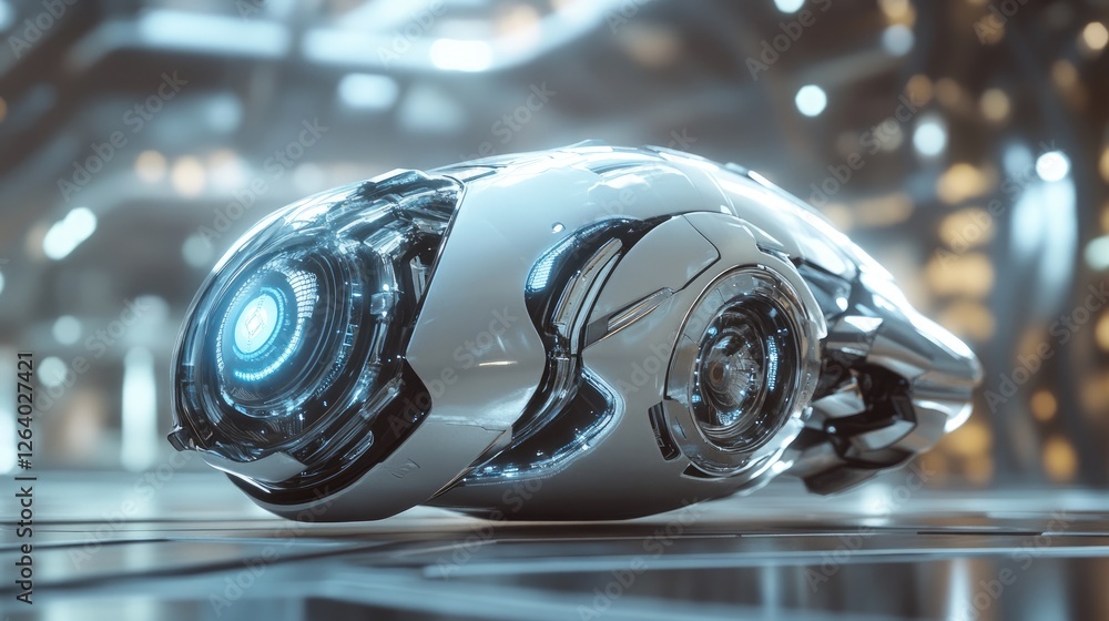 Poster A futuristic 3D rendering of a digital silver tech device with clean lines, showcasing its cutting-edge design and advanced features.